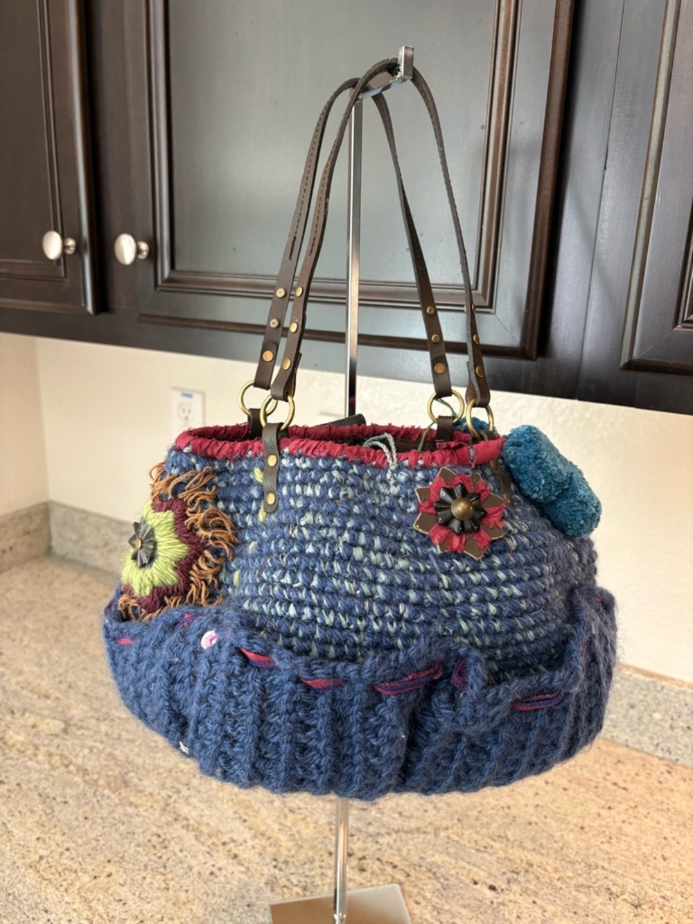 Handmade Navy Crochet Tote Bag with Blue Accent Flower - Picture 3 of 3